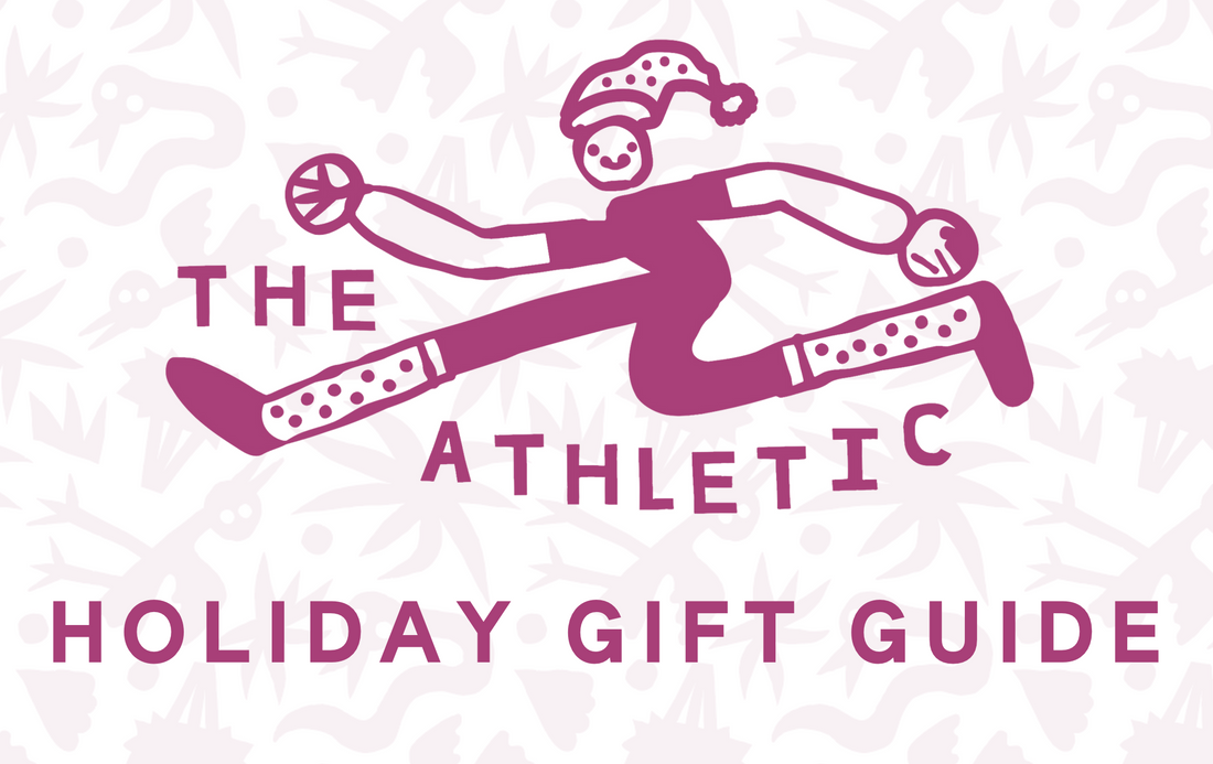 the athletic mascot with a santa hat jumping over holiday gift guide text