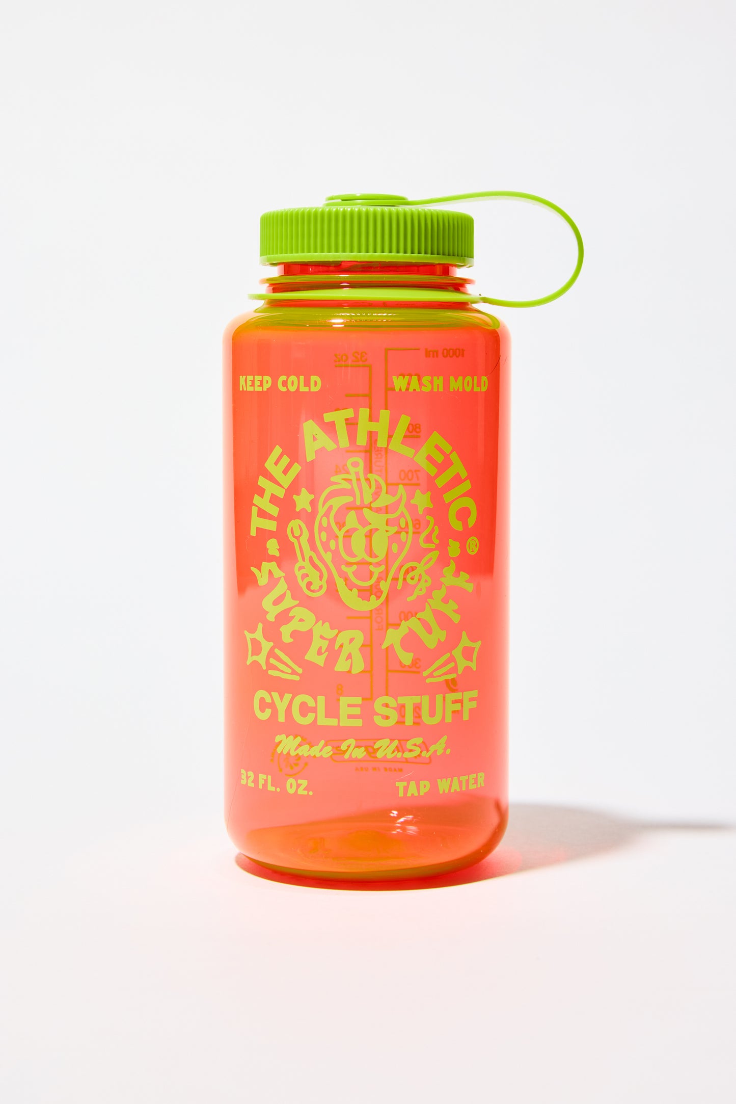 This 32oz wide mouth Nalgene bottle is made in the USA. The Pomegranate and Green colorway puts out Sriracha vibes.  