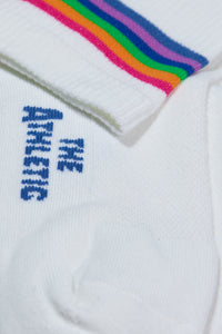 White cushioned sock with with rainbow color band. Ribbed 5 inch cuff. Perfect for hiking, walking, or every day activities.