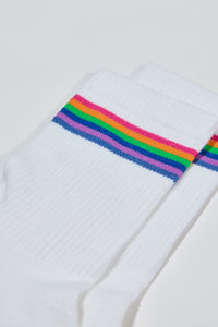 White cushioned sock with with rainbow color band. Ribbed 5 inch cuff. Perfect for hiking, walking, or every day activities.