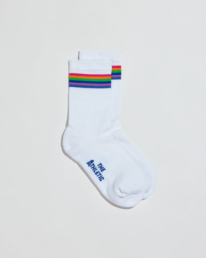 The SUPER TUFF Pride Crew Socks are designed to celebrate diversity and inclusivity, featuring a padded, ribbed, crew-length 5" cuff. These comfortable socks are ideal for parades, parties, and casual activities. Available in white and black color options, they are made in the USA with recycled fibers, combining style, performance, and sustainability