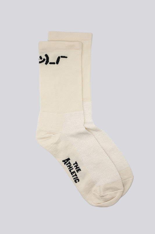 off white cycling running sock with shrug emoticon