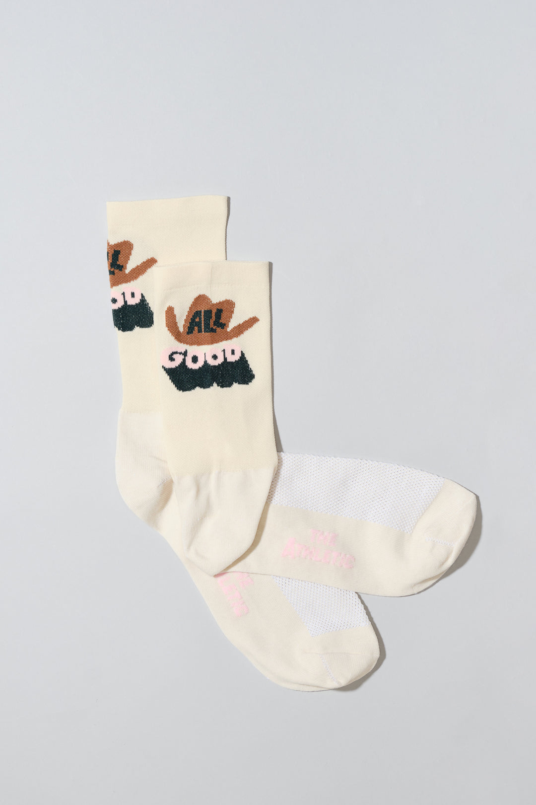 The ALL GOOD Cowboy Hat Socks are designed to add a touch of fun to your athletic wear, featuring a playful cowboy hat design. Ideal for cycling, running, and cross-training, these socks combine style and performance. Made in the USA with love, they offer both durability and comfort